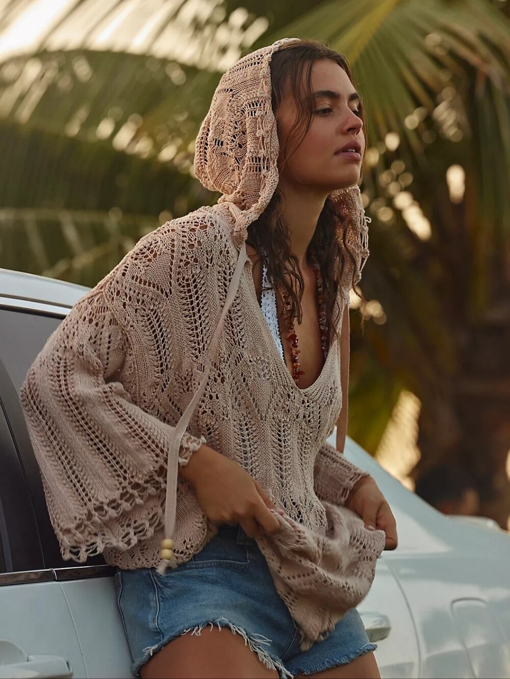 Free People Crochet Hooded Oversized Boho Tunic Cardigan Sz XS S  Sand Tan